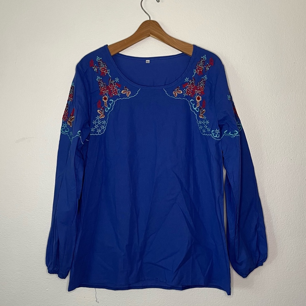 Blue Cotton Embroidered Tunic XXL